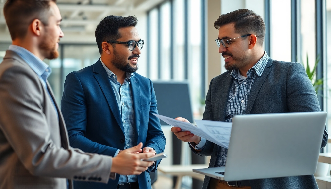 Headhunter Ingenieure im Gespräch mit Ingenieuren in einem modernen Büro.