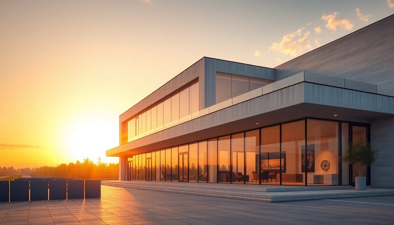 Architektur visualisierung zeigt detaillierte 3D-Renderings eines modernen Büros in warmem Licht.