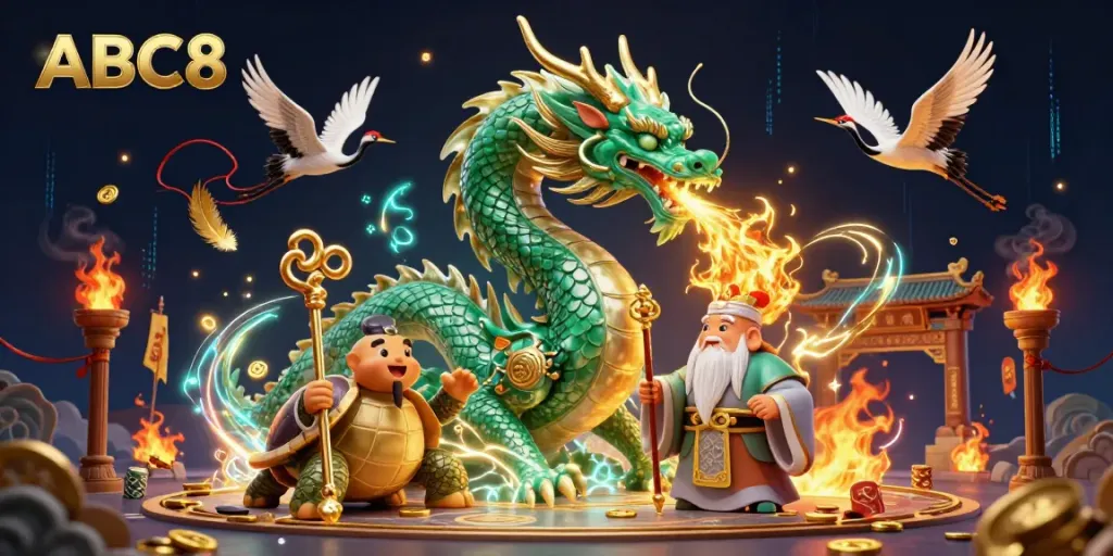 Experience the vibrant ABC8 casino atmosphere with a jade dragon, turtle sage, and lucky cranes.
