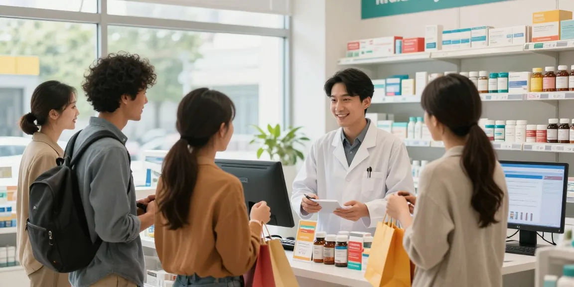 Engagierte Kunden, die im Medi Pharma Shop Unterstützung erhalten, präsentieren eine Vielzahl von Gesundheitsprodukten in einer einladenden Apotheke.