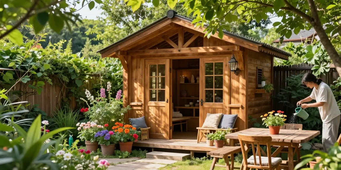 Gartenhäuser aus Holz in einer blühenden Gartenlandschaft mit einladendem Sitzbereich.
