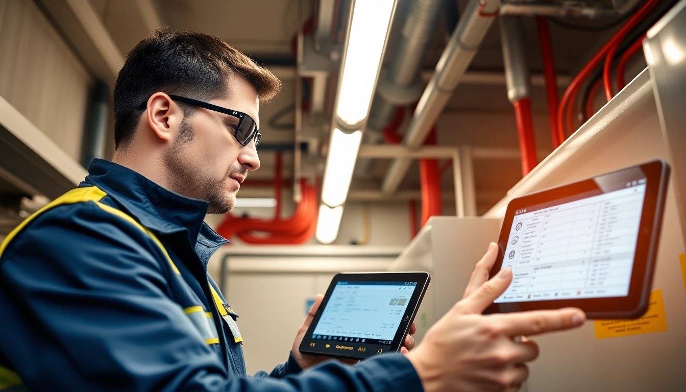 Technician performing DGUV V3 Prüfung on electrical equipment, ensuring workplace safety.