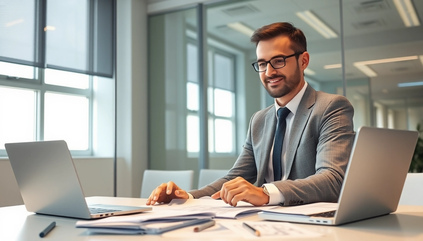 Headhunter Ingenieure arbeitet professionell in modernem Büro mit technischen Zeichnungen und Laptop.