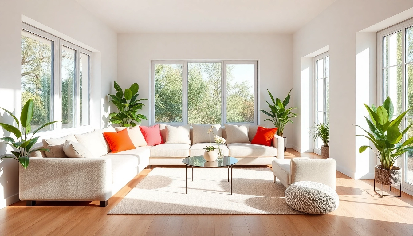 Gestalte einen einladenden Wohnraum mit harmonischer Raumgestaltung, der helle Farben und natürliche Lichtquellen nutzt.