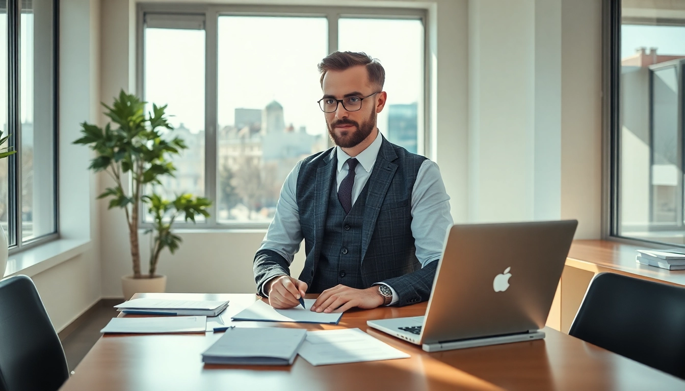 Personalvermittlung: Ein Personalvermittler sitzt in einem modernen Büro, umgeben von Bewerbungsmaterialien.