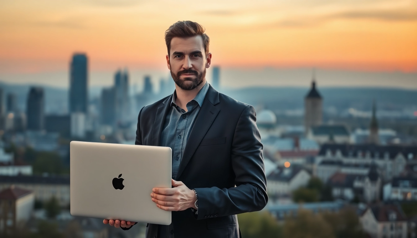 Headhunter Nürnberg in elegantem Anzug mit Laptop vor Nürnberger Skyline.