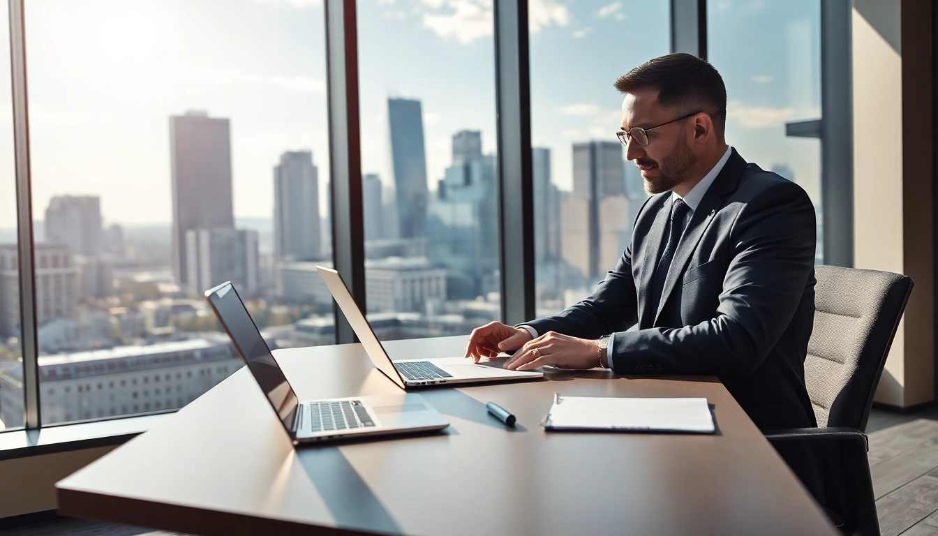 Headhunter Frankfurt berät in einem modernen Büro mit Skyline-Hintergrund
