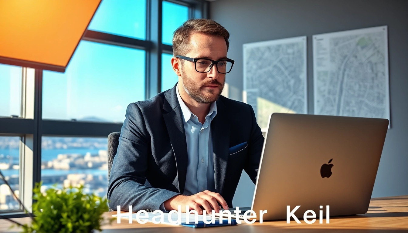 Headhunter Kiel bei der Arbeit in einem modernen Büroraum mit Kiefer über Akten.