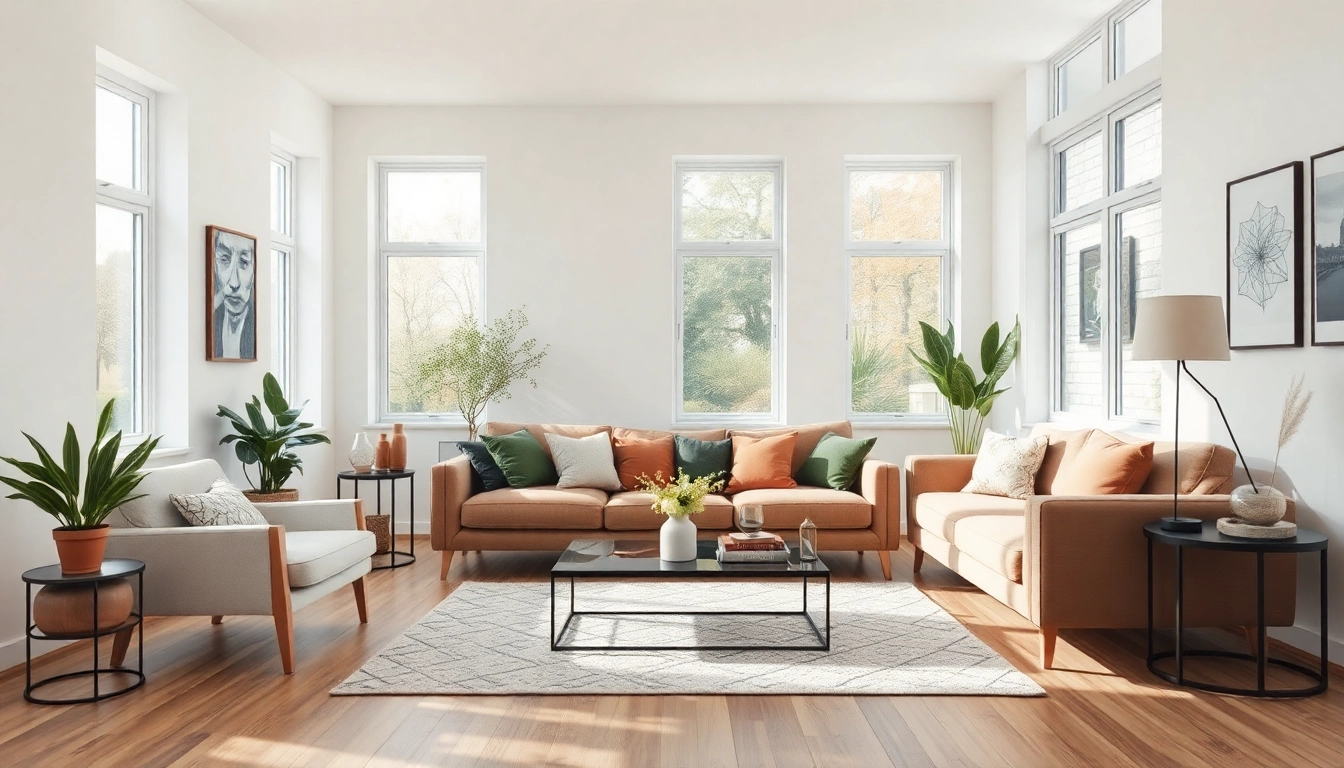 Raumgestaltung eines modernen Wohnzimmers mit hellen Farben und natürlicher Atmosphäre.