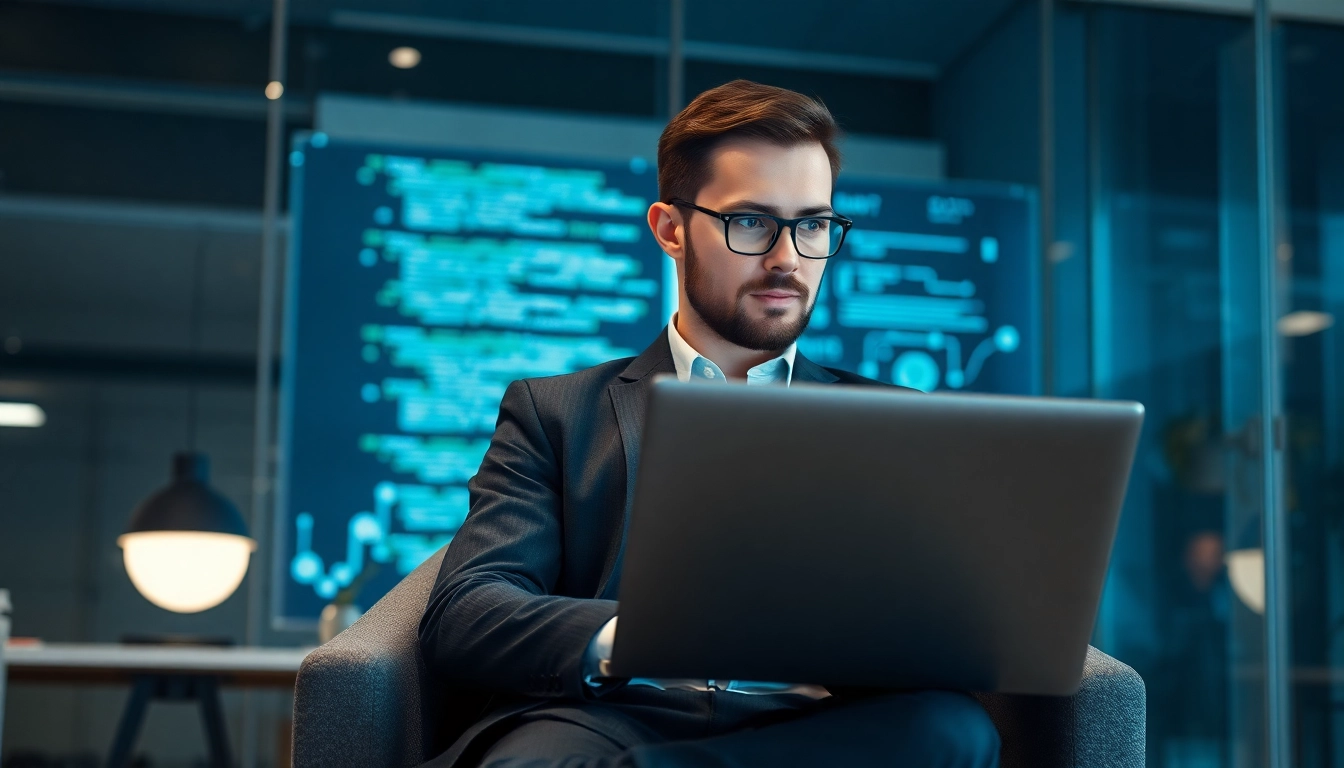 Headhunter IT, der in einem modernen Büro auf einen Laptop schaut und mit Kunden kommuniziert.