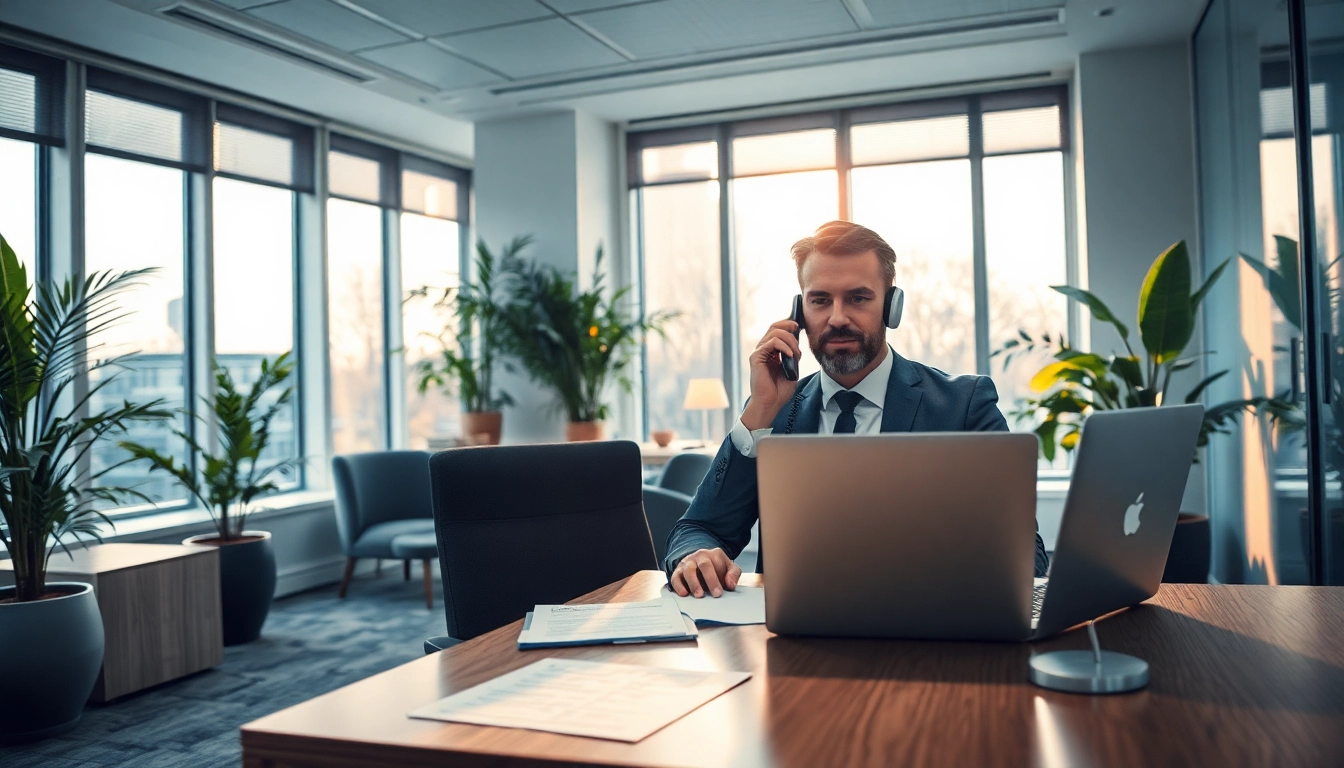 Headhunter IT bei der Arbeit an einem modernen Büro-Schreibtisch, kommuniziert mit einem Kandidaten über Videoanruf.