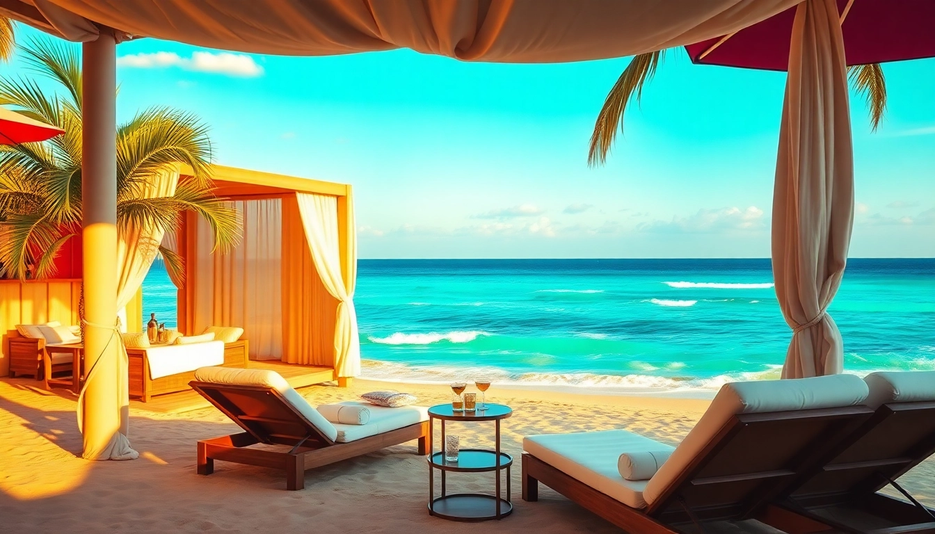 Luxurious coastal cabana on a sandy beach, perfect for relaxation.