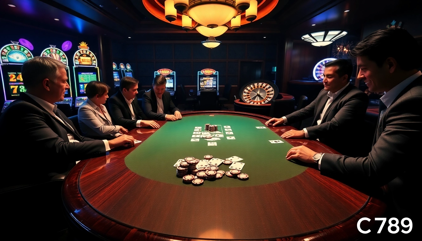 Players strategizing in a high-stakes poker game at CF789 casino, surrounded by vibrant slot machines.