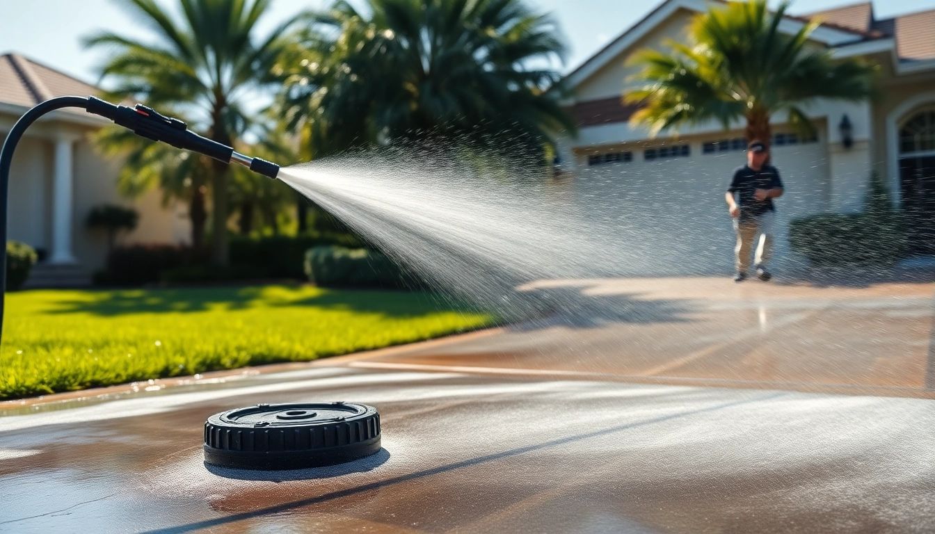 Driveway pressure wash service revitalizing a concrete driveway in Kissimmee, FL, showcasing professional cleaning.