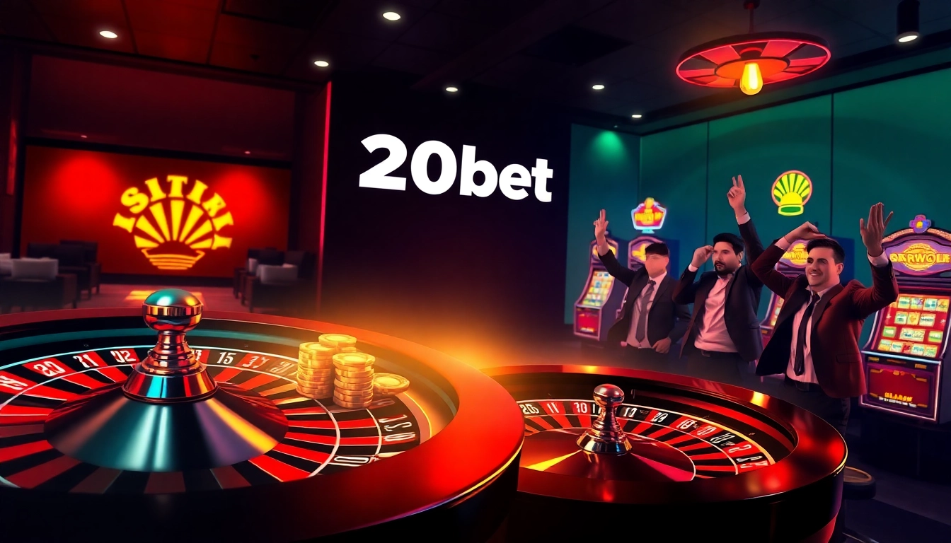20bet online betting interface showcasing excitement with poker chips and roulette in a vibrant casino.