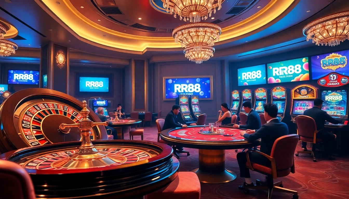 Experience thrilling gaming action at RR88's luxurious casino, featuring roulette, slots, and poker tables.
