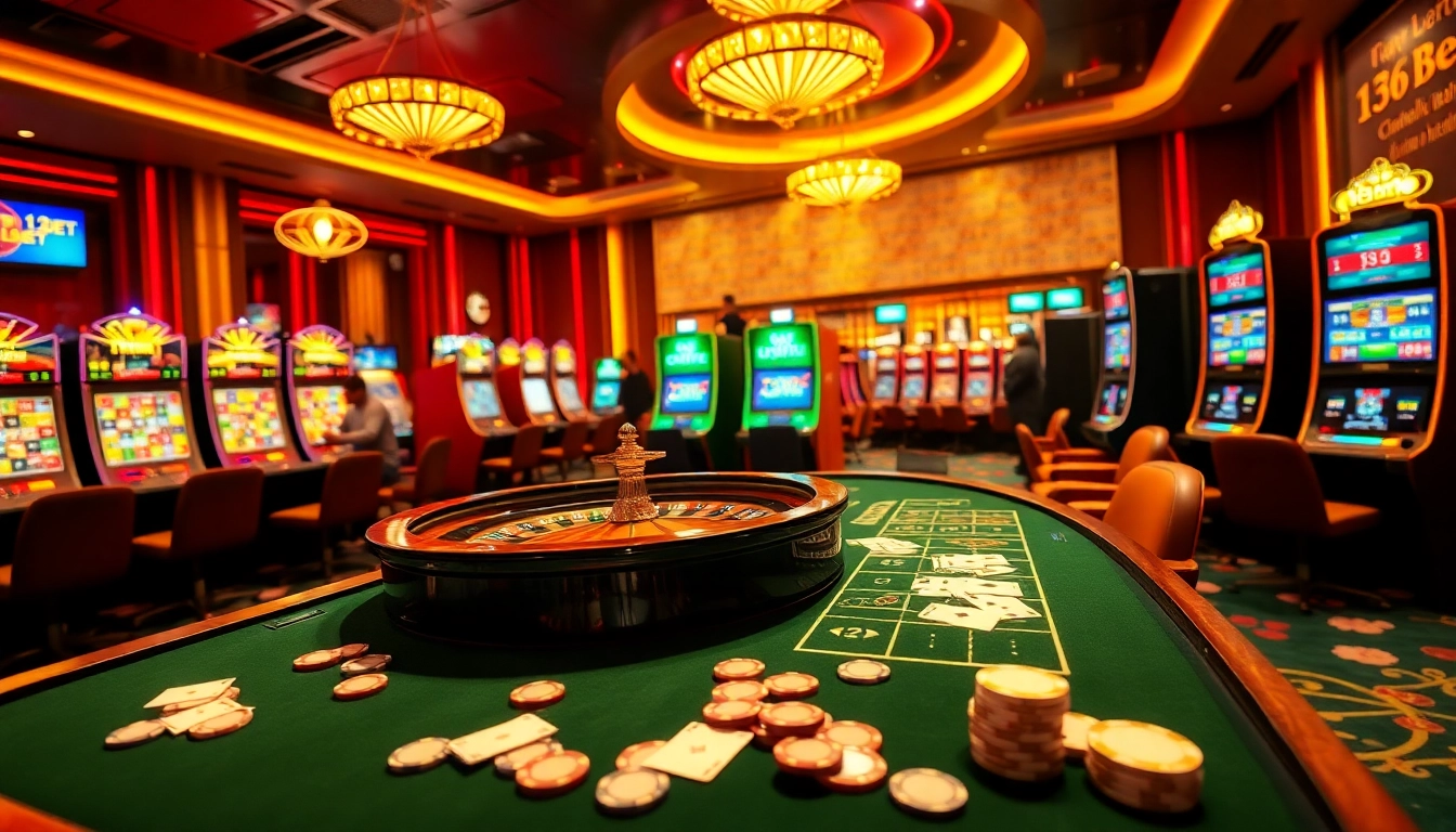 Experience thrilling games at 136bet with vibrant casino visuals featuring poker chips and a roulette wheel.