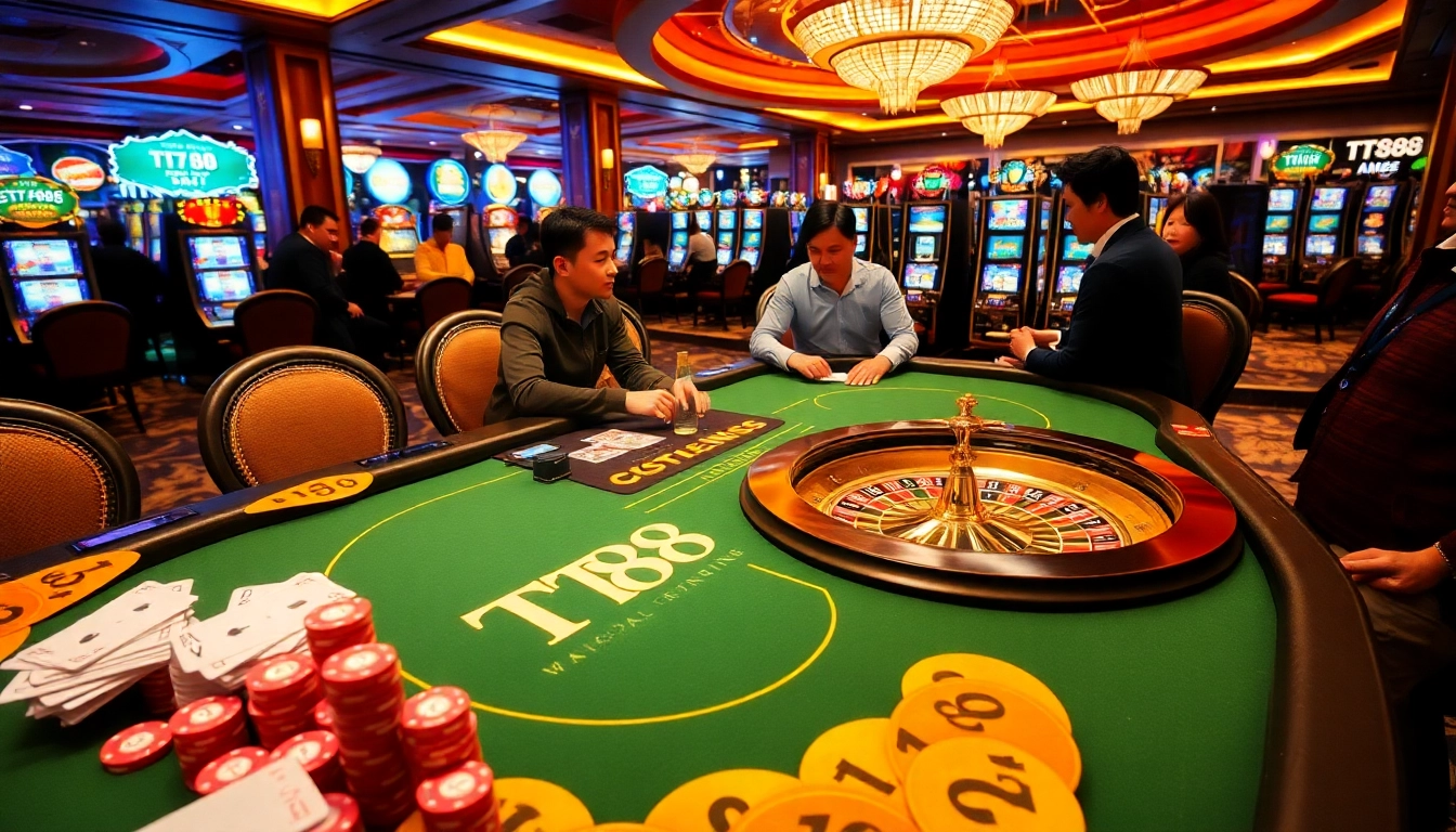 Experience thrilling poker action at TT88's luxurious casino tables, showcasing excitement and strategy.