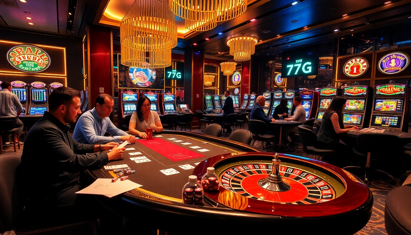 Gamblers engaging in high-stakes action at 777G casino, surrounded by roulette, poker, and vibrant slot machines.
