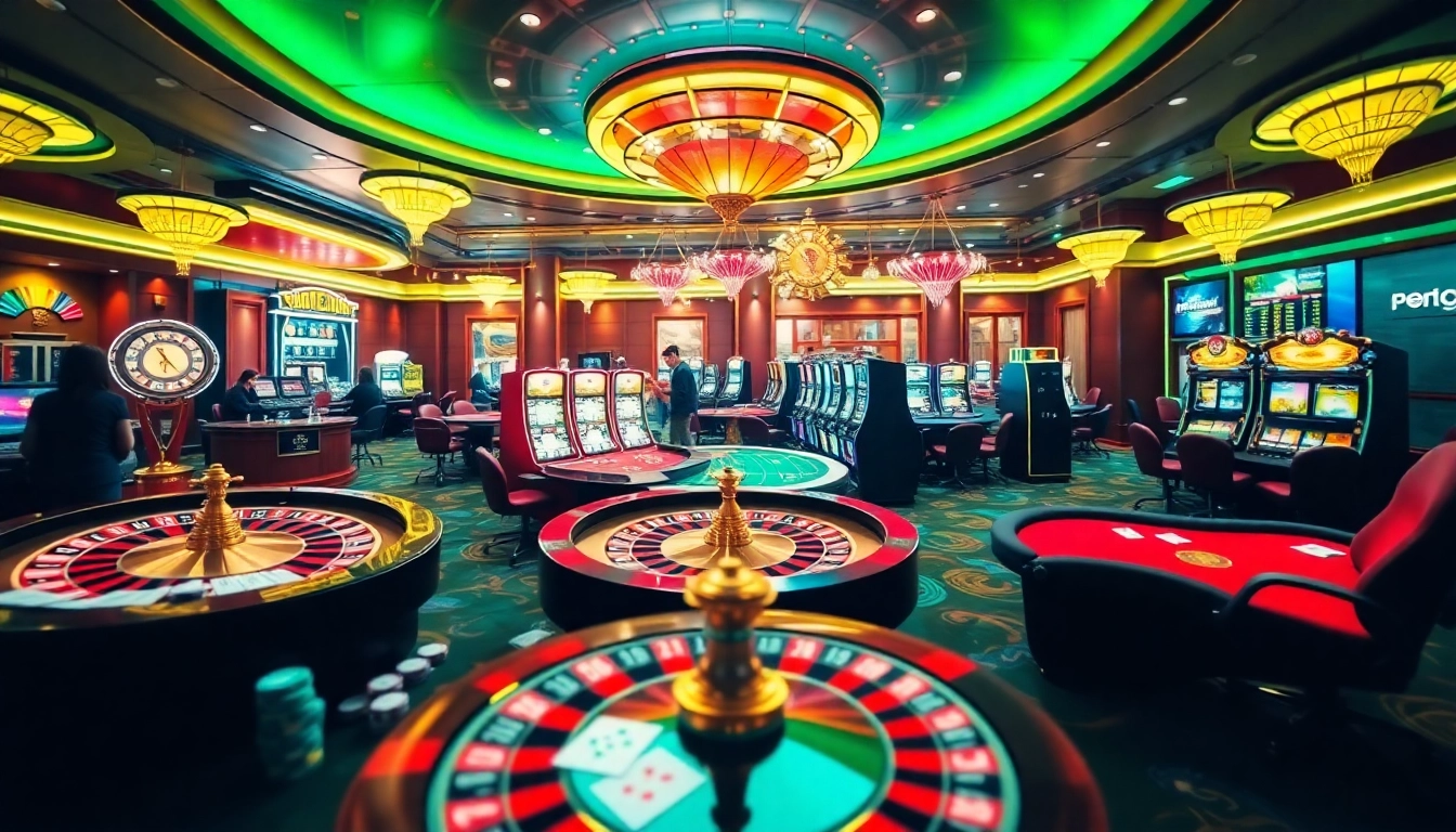 Capture the thrilling atmosphere of gambling at https://cpc188.org with players at poker tables and vibrant slot machines.