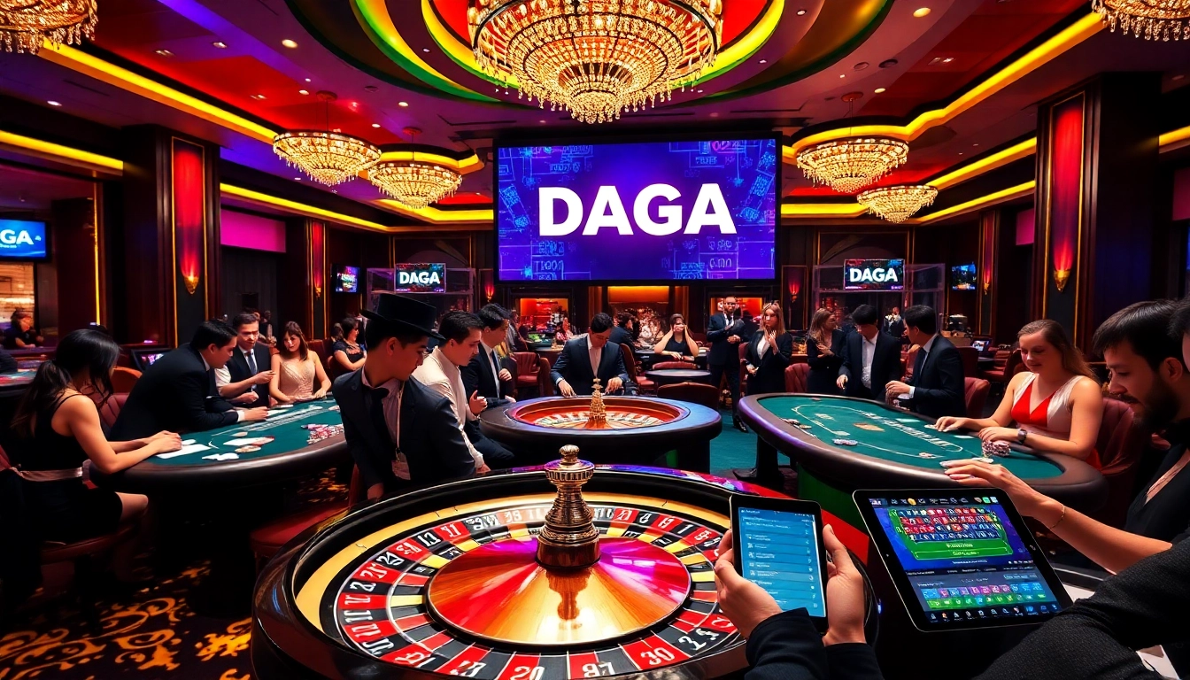 Dive into the thrilling world of DAGA with an exciting casino scene featuring poker tables and roulette.