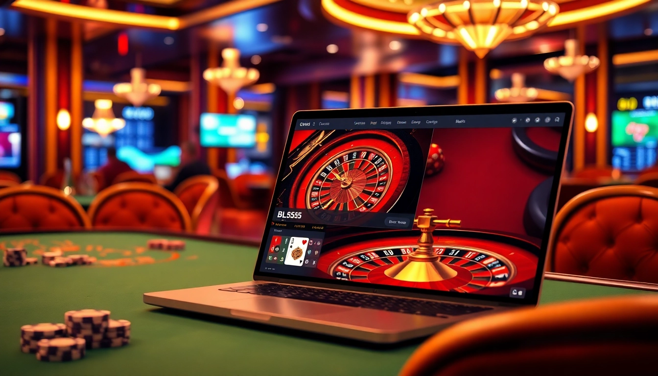 Engaging BL555 online gambling experience with vibrant casino elements including poker chips and roulette.