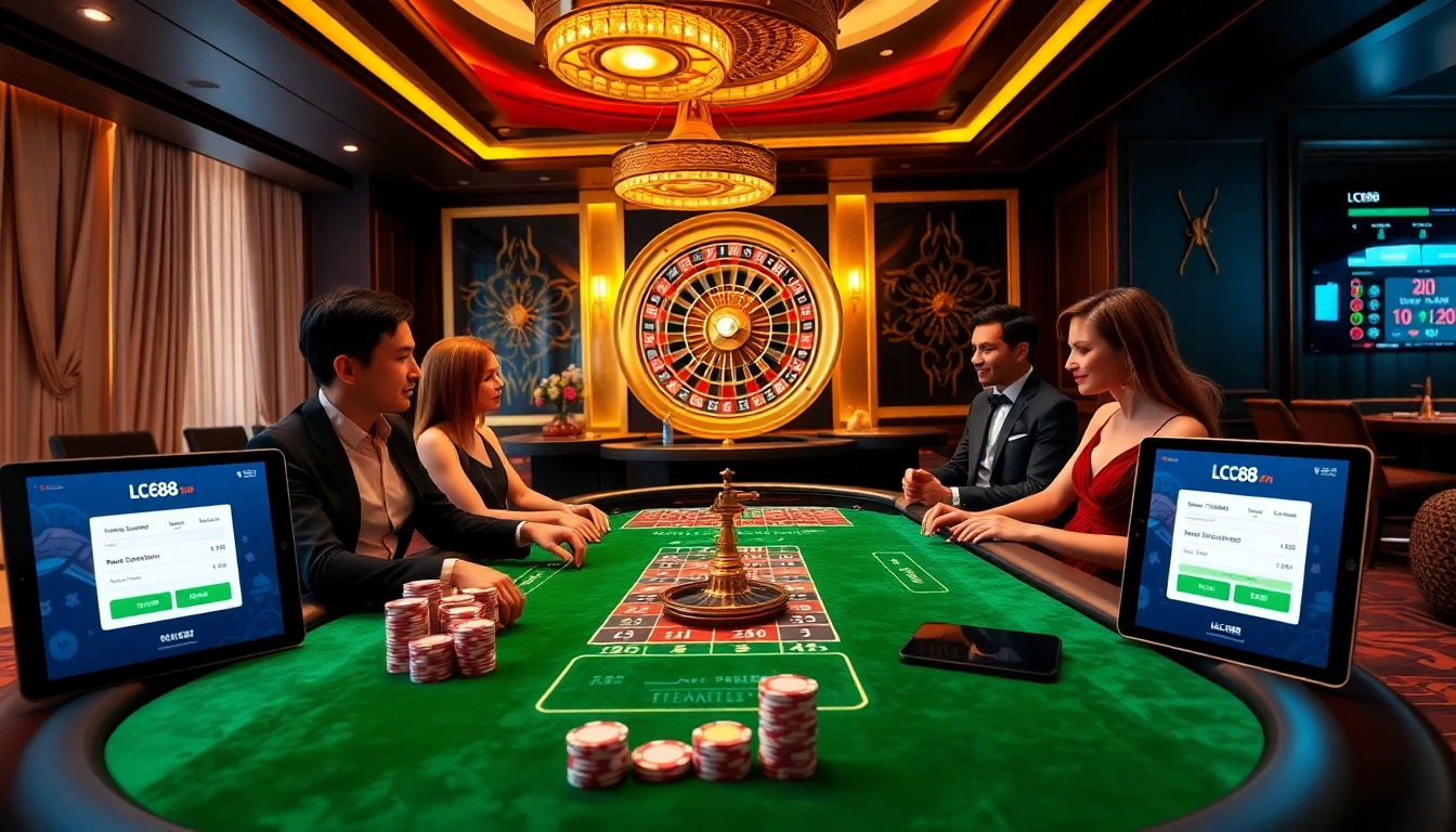 Exciting players engaging in games while registering for Đăng Ký LC88 in a luxurious casino environment.