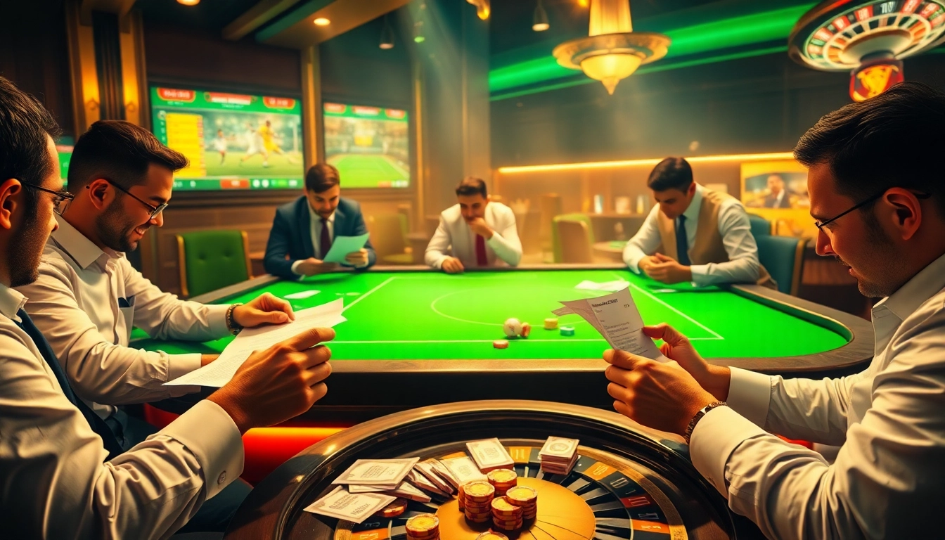 Exciting betting scene showcasing trang cá độ bóng đá uy tín with players, chips, and betting slips.