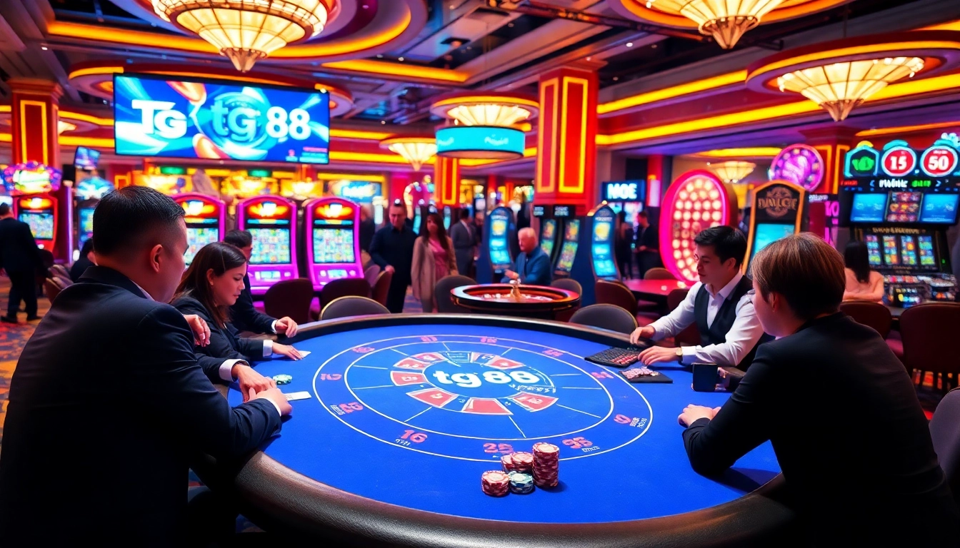 Players strategizing at a luxurious poker table with tg 88-themed elements.