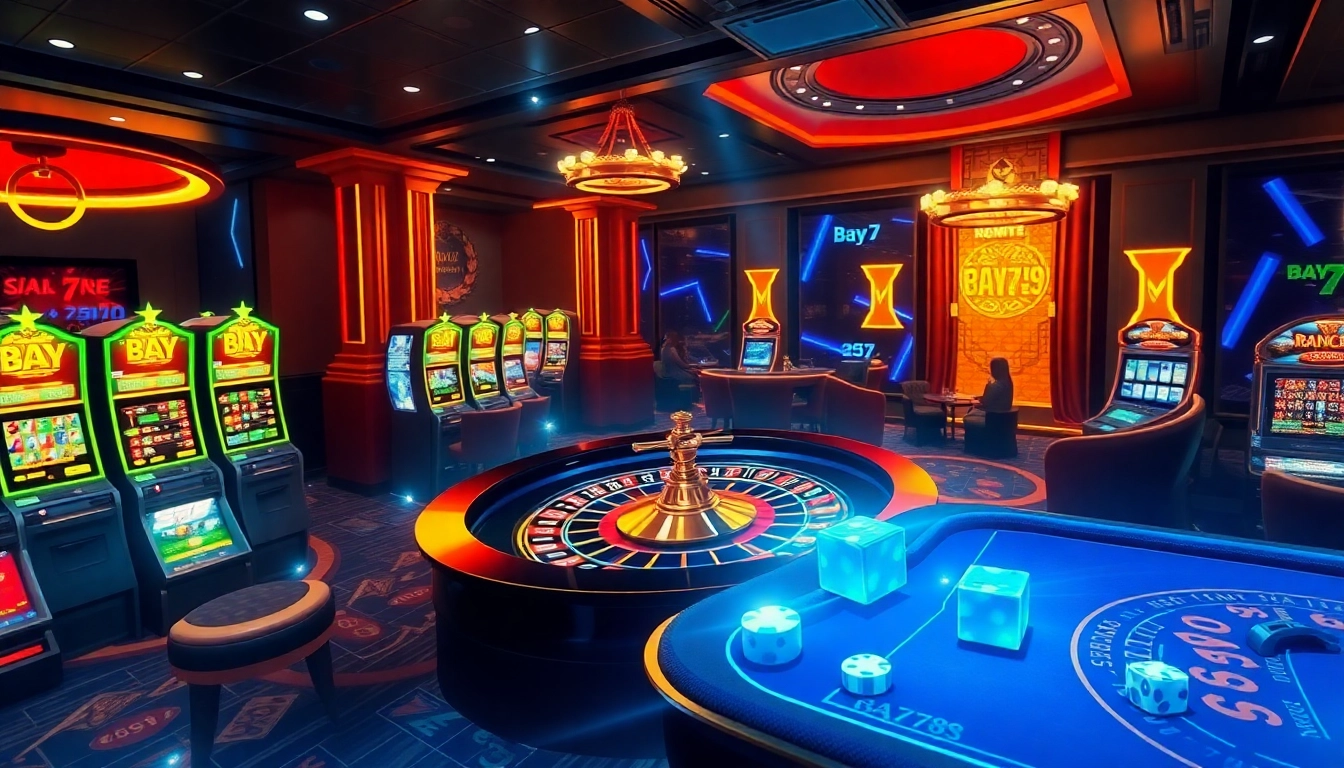 Experience the excitement of Bay789 with vibrant casino visuals, showcasing roulette and poker action.
