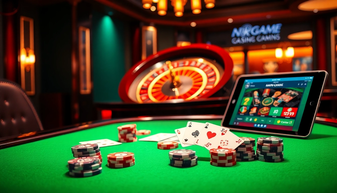 Experience high-stakes gambling at NK88 with vibrant casino table settings and digital interfaces.