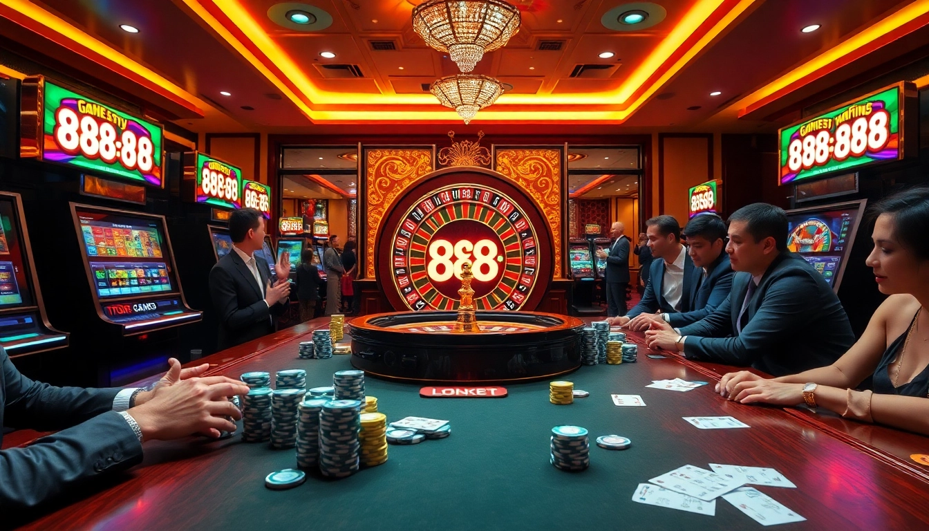 Experience the thrill of 88i game at a vibrant casino with roulette wheels and poker tables.