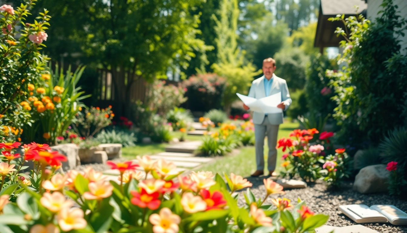 Gestalten von Gartenlandschaftsbau mit leuchtenden Pflanzen, Architekt mit Plänen im Garten.