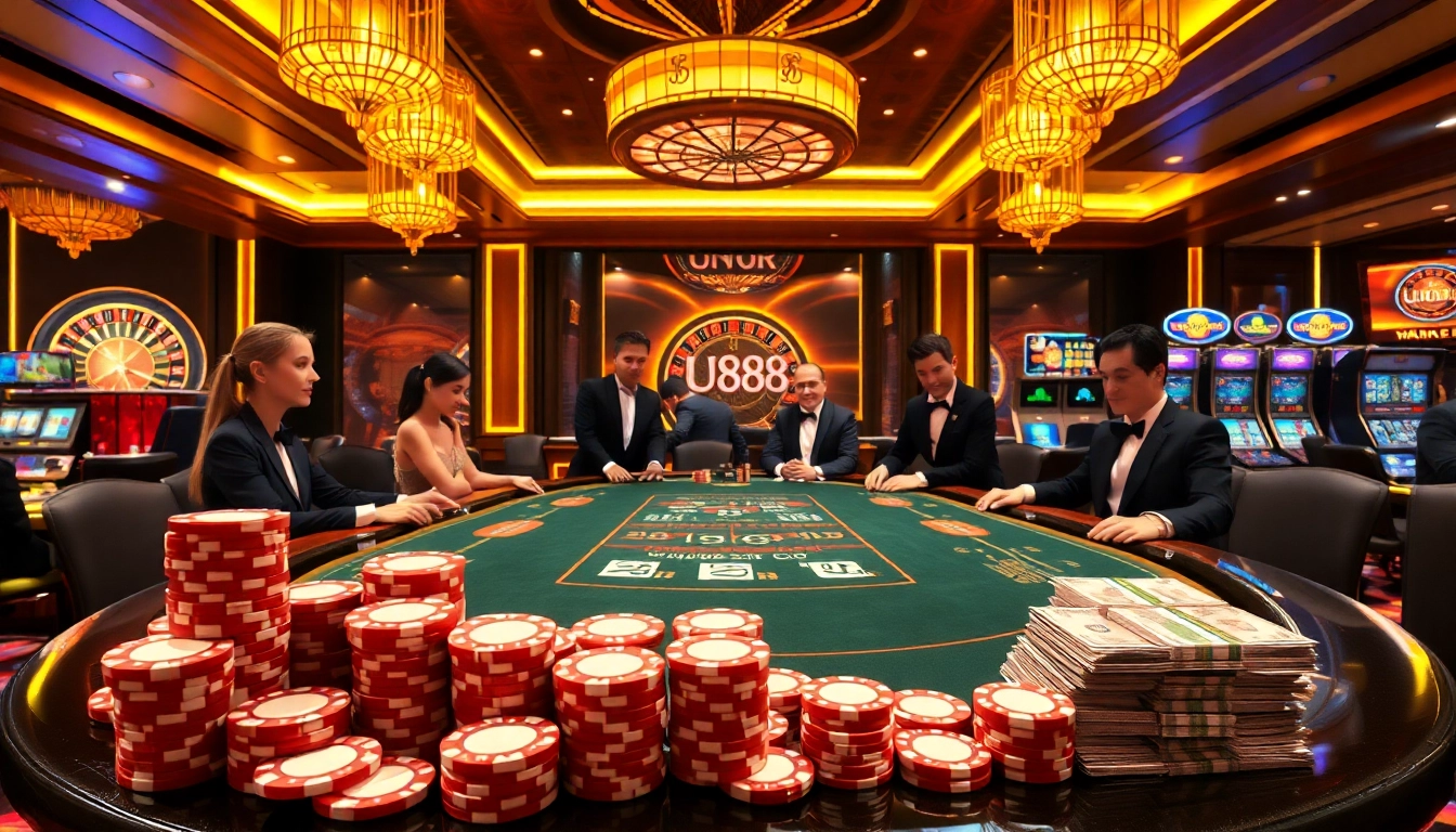 U888 casino players engaging in a high-stakes poker game surrounded by luxury.