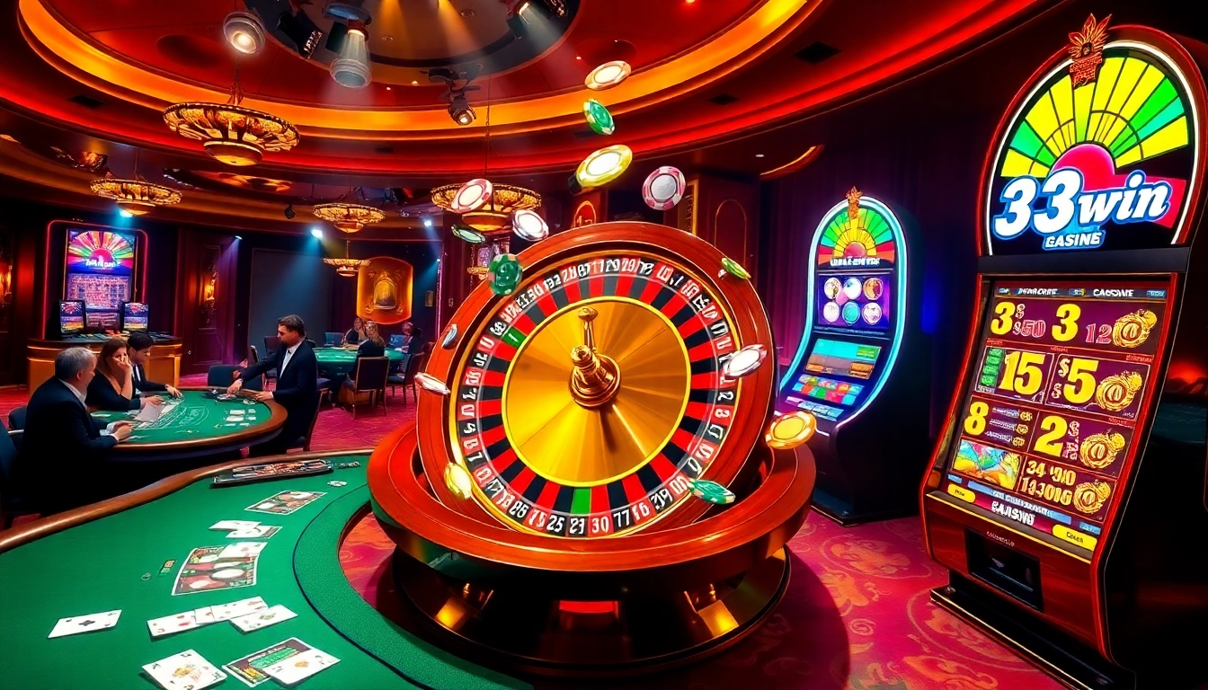 33win casino scene featuring a spinning roulette wheel and vibrant poker chips in an upscale atmosphere.