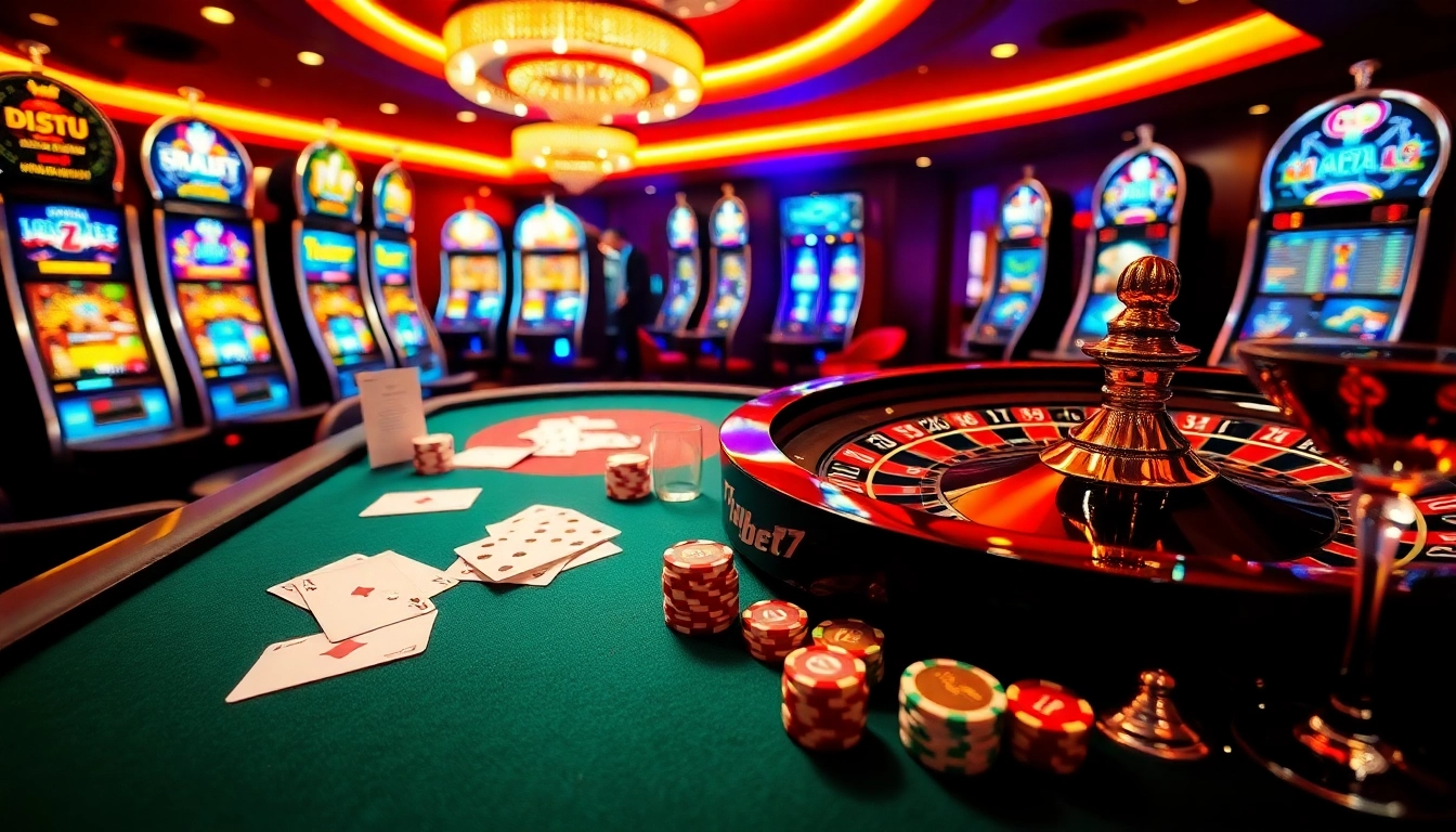 Exciting gaming atmosphere with Thabet77 casino table, poker chips, and roulette wheel.