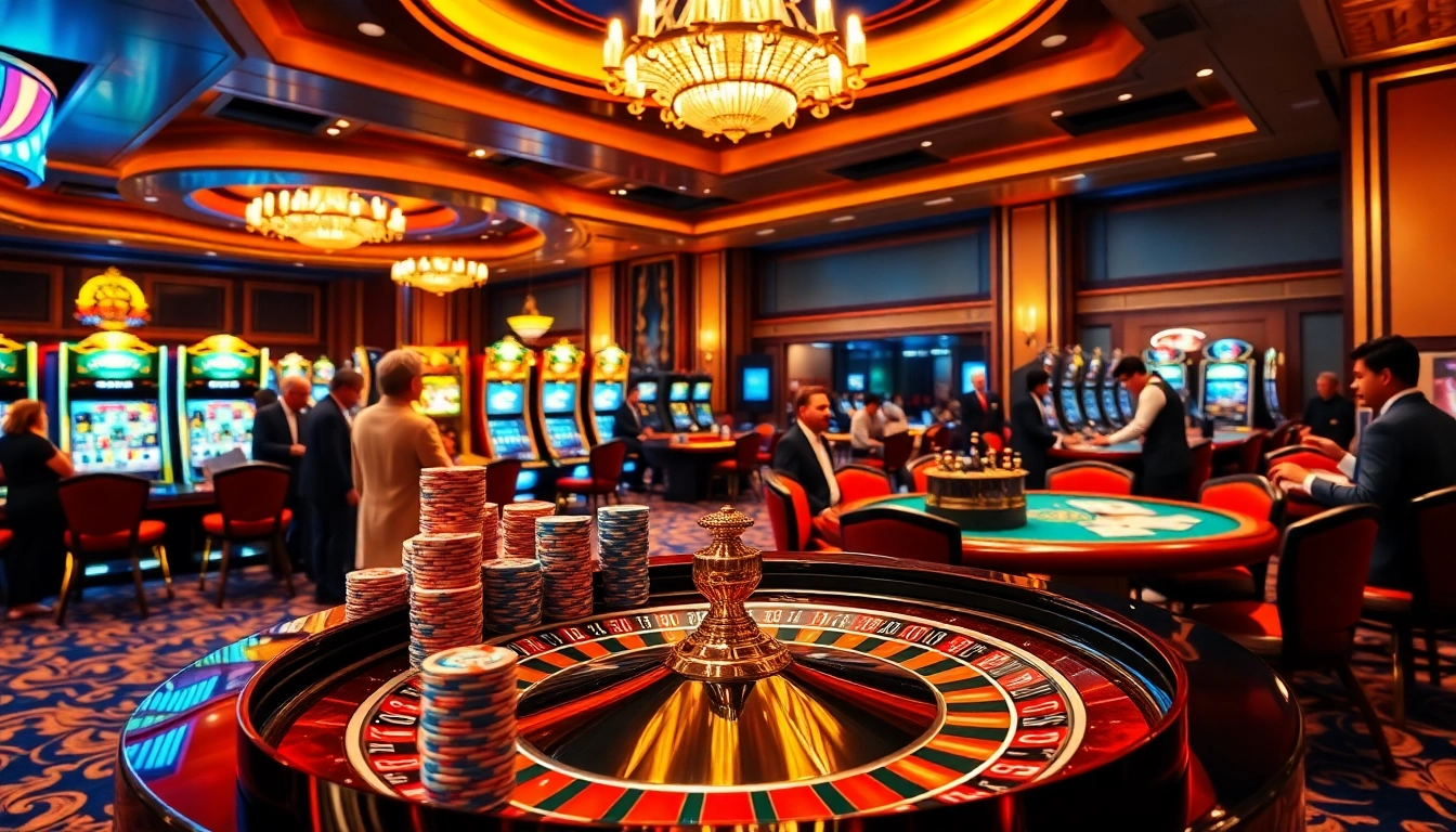 Gambling excitement at https://58winvn.us.com/ with roulette, poker tables, and vibrant ambiance.