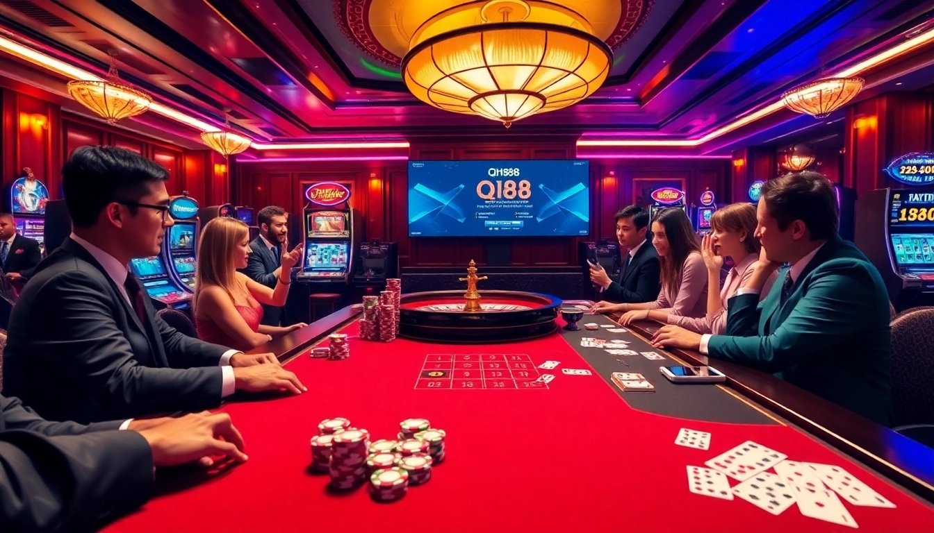 Players enjoying a high-stakes game at QH88 casino with vibrant chips and a professional dealer.