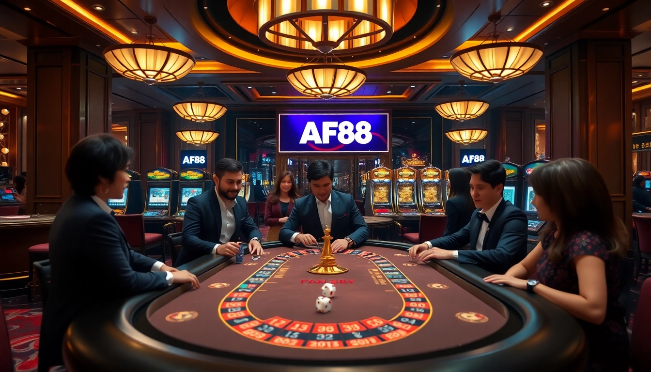 Experience excitement at Nhà cái AF88 with players engaged in poker and roulette.