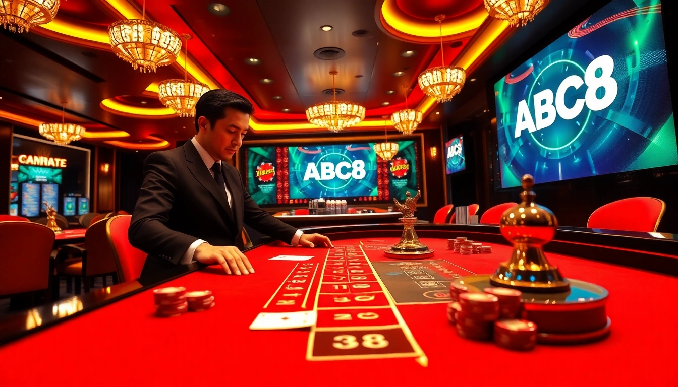 Authenticate your gaming experience with Đăng Nhập ABC8, navigating a vibrant casino atmosphere.