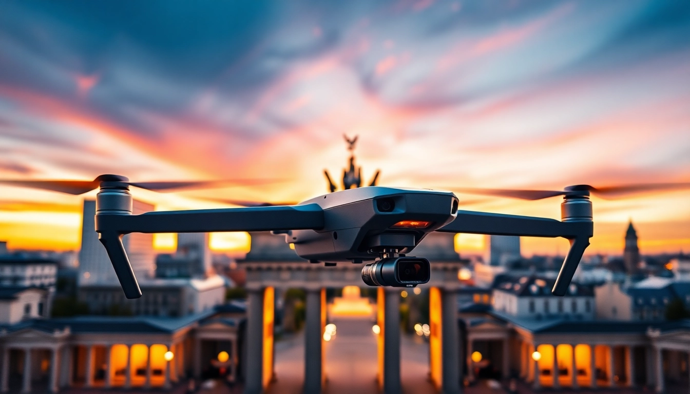 Drohnenaufnahmen Berlin: Dramatic sunset over Berlin with a drone capturing the skyline.