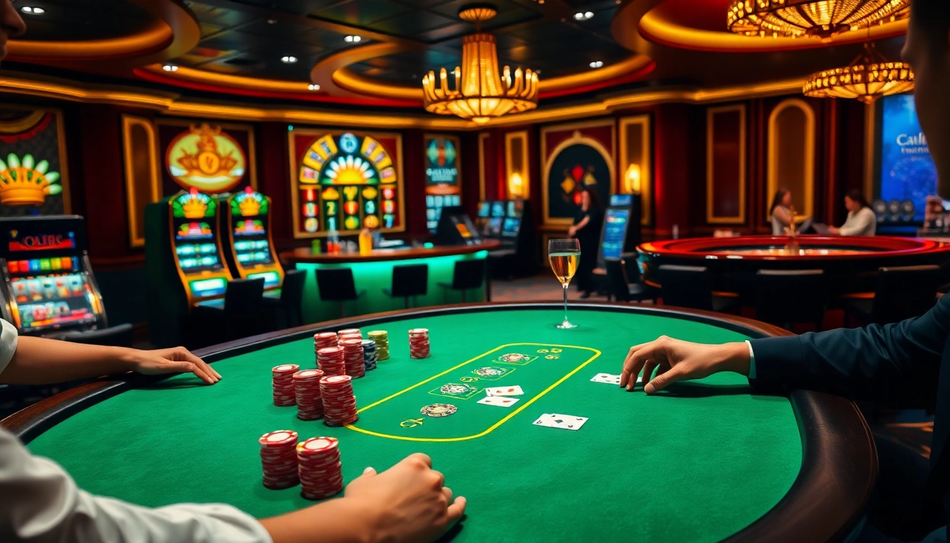Players enjoying poker at OK365's luxurious casino tables amidst vibrant slot machines.