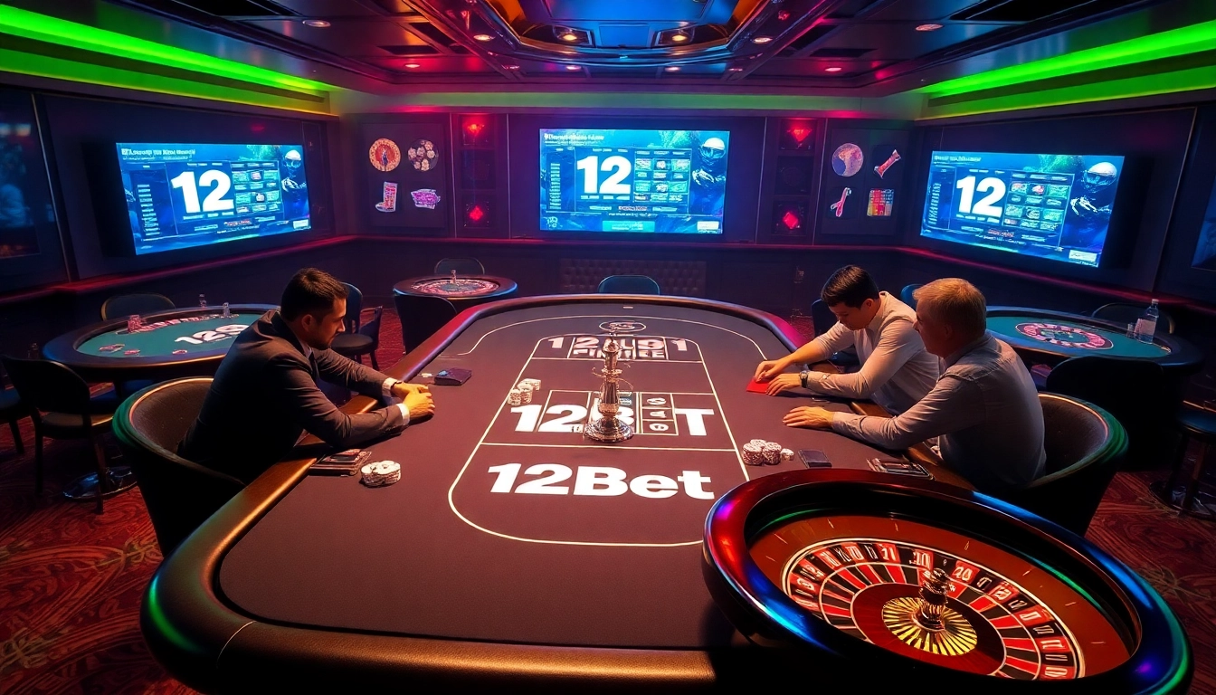 Players enjoying a thrilling game at a 12Bet casino table with vibrant colors and high-stakes excitement.