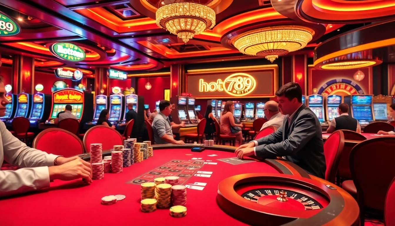 Players enjoying a thrilling game at the HOT789 poker table surrounded by vibrant chips and lights.