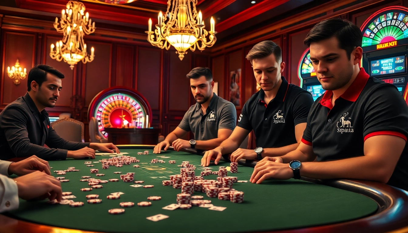 Augsta riska pokera spēle, kurā redzami spēlētāji marškinēļos ar apdruku, piešķirot kazino aizrautībai unikālu zīmolu.