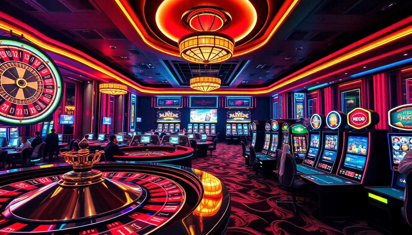 Experience the thrill of online gambling at 99ok.co.im with an exciting casino scene featuring tables and slot machines.