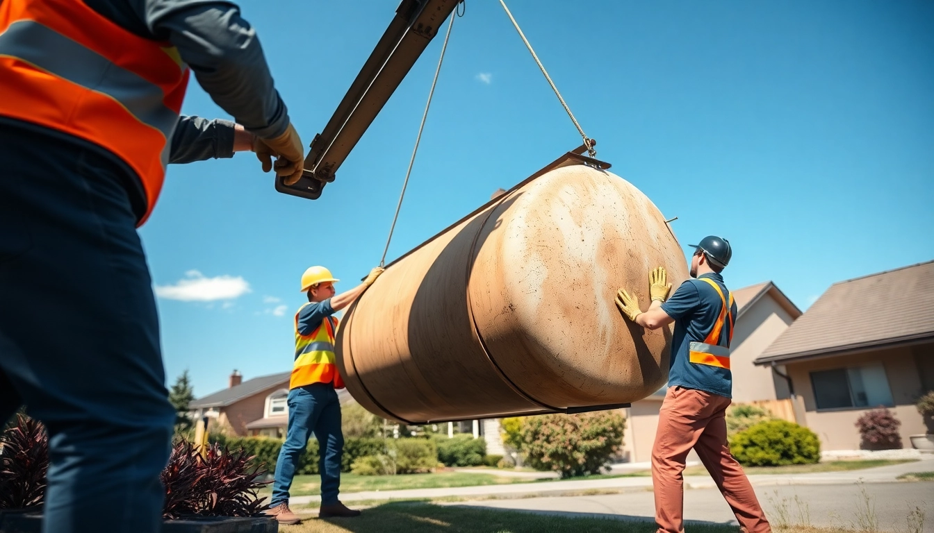 Öltankentsorgung durch Fachleute, die sorgfältig einen alten Öltank abheben.