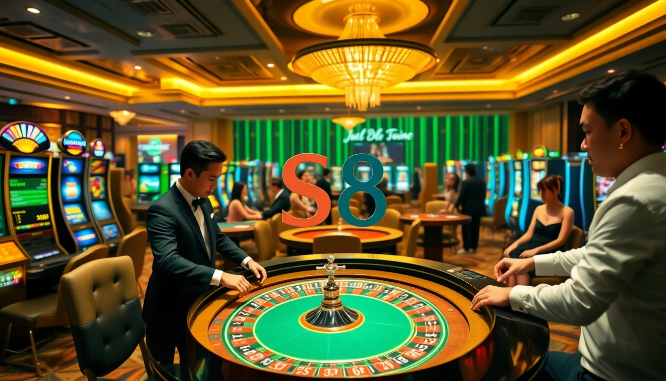 Exciting online gambling scene at nhà cái S8 with poker, roulette, and slot machines.