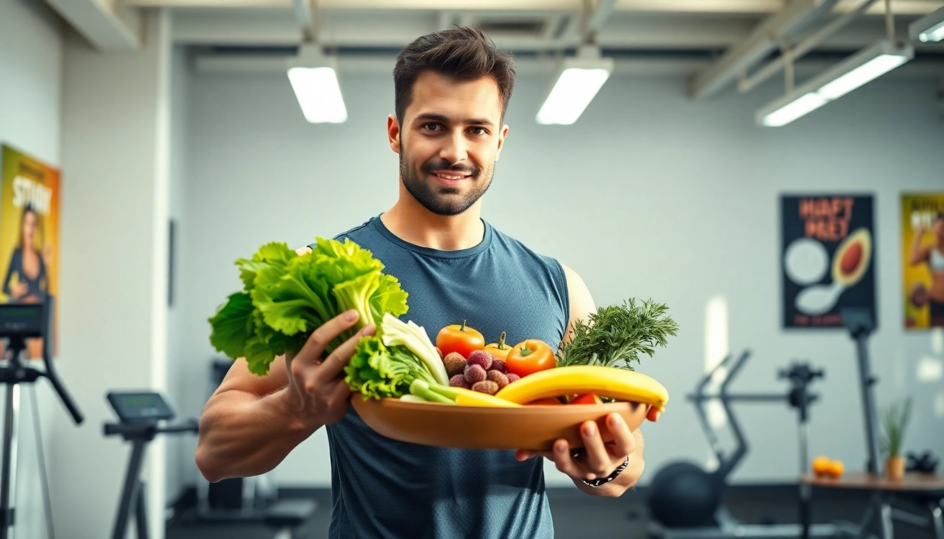 Fitness und Ernährung: Trainer zeigt gesunde Ernährung mit Obst und Gemüse im Fitnessstudio.
