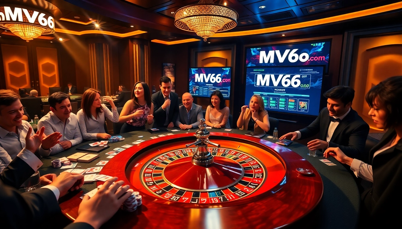 Experience the thrill of winning at MV66 com with a vibrant casino gaming scene showcasing roulette and poker.